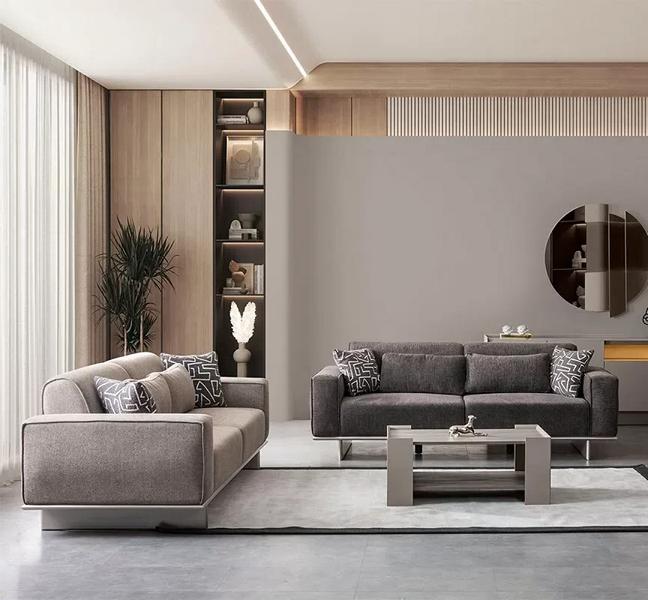 Hellgraue Sitzgarnitur Polster Stoff Couch Textil Sofa Sofagarnitur Moderne 3+3