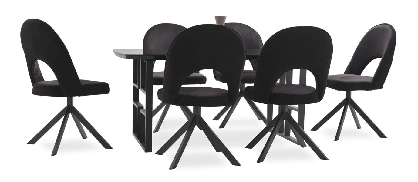 Essgarnitur schwarz rechteckige Holztischplatte Designer Stühle 7tlg
