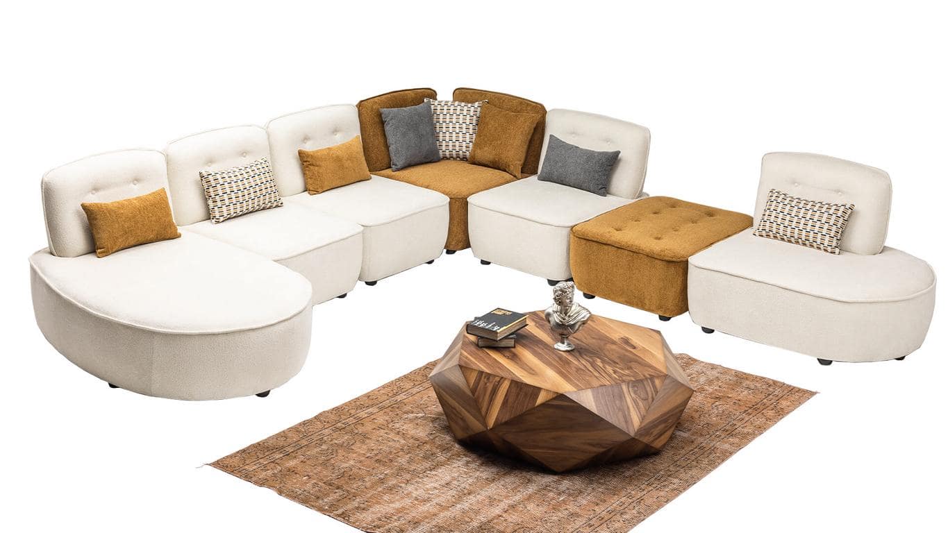 Design Wohnzimmer L-Form Ecksofa in Beige aus Edlem Textil Wohnlandschaft
