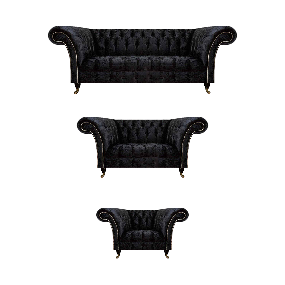 Schwarze Textil Chesterfield Garnitur Edler Dreisitzer Lehnsessel 3tlg