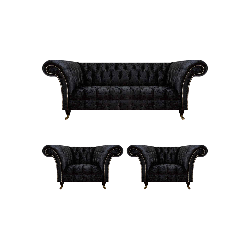 Designer Schwarze Chesterfield Garnitur Edle Lehnsessel Polster 3-Sitzer