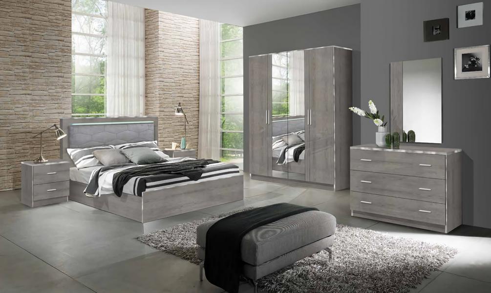 Schlafzimmer Bett mit LED Kommode Spiegel Kleiderschrank Nachttische Grau
