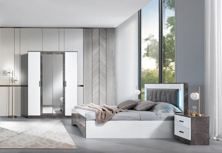 Bett mit LED Beleuchtung Nachttische Kleiderschrank Spiegeltür