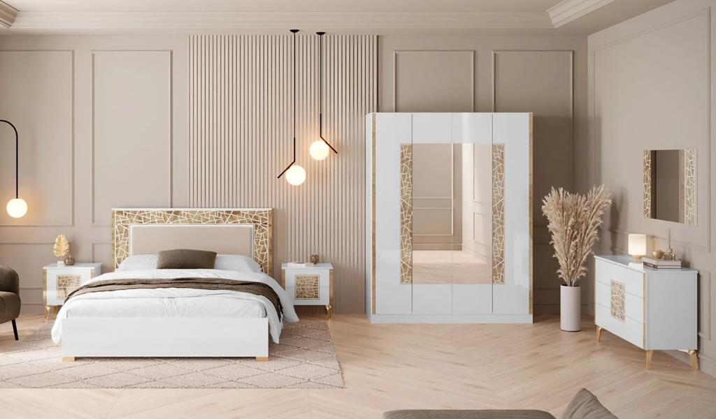Bett Nachttische Kleiderschrank Kommode mit Spiegel Weiß Gold 6tlg.