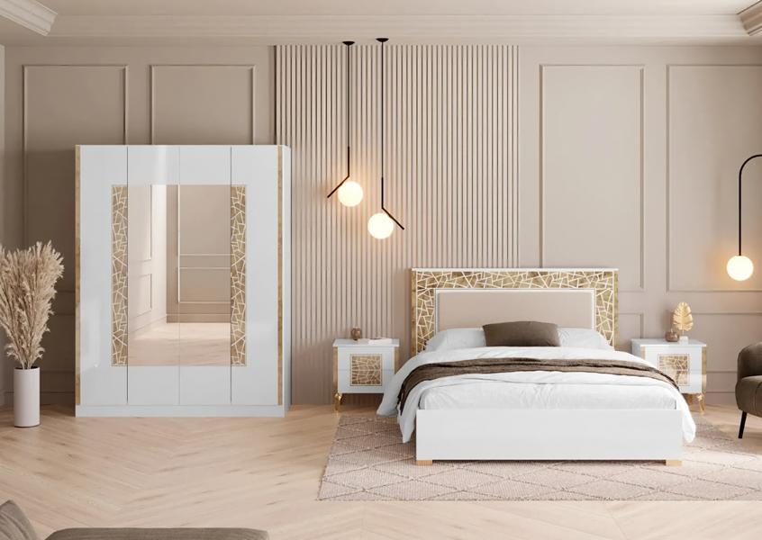 Komplettes Schlafzimmer Set Schrank Bett Nachttische Spiegel Kommode 4tlg