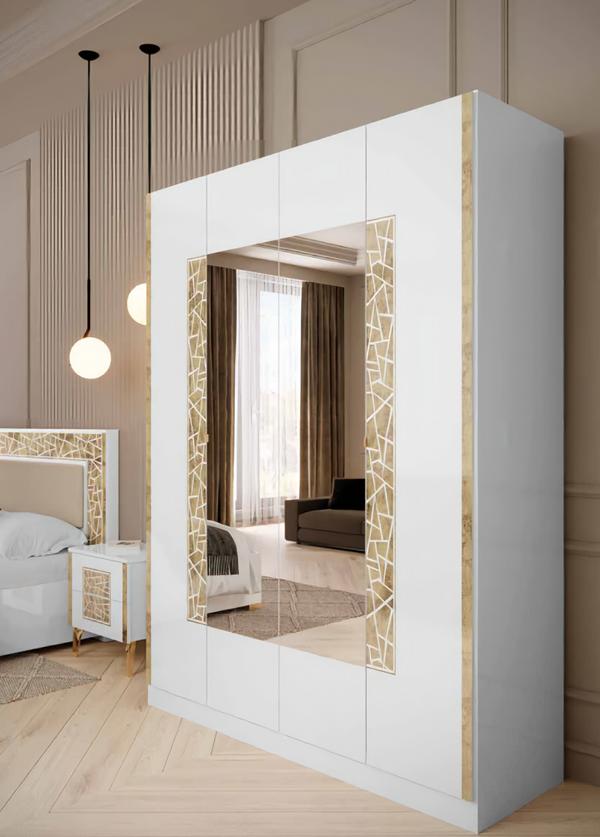 Schlafzimmer Kleiderschrank Schrank 4 türiger Holzschrank Möbel Spiegelschrank