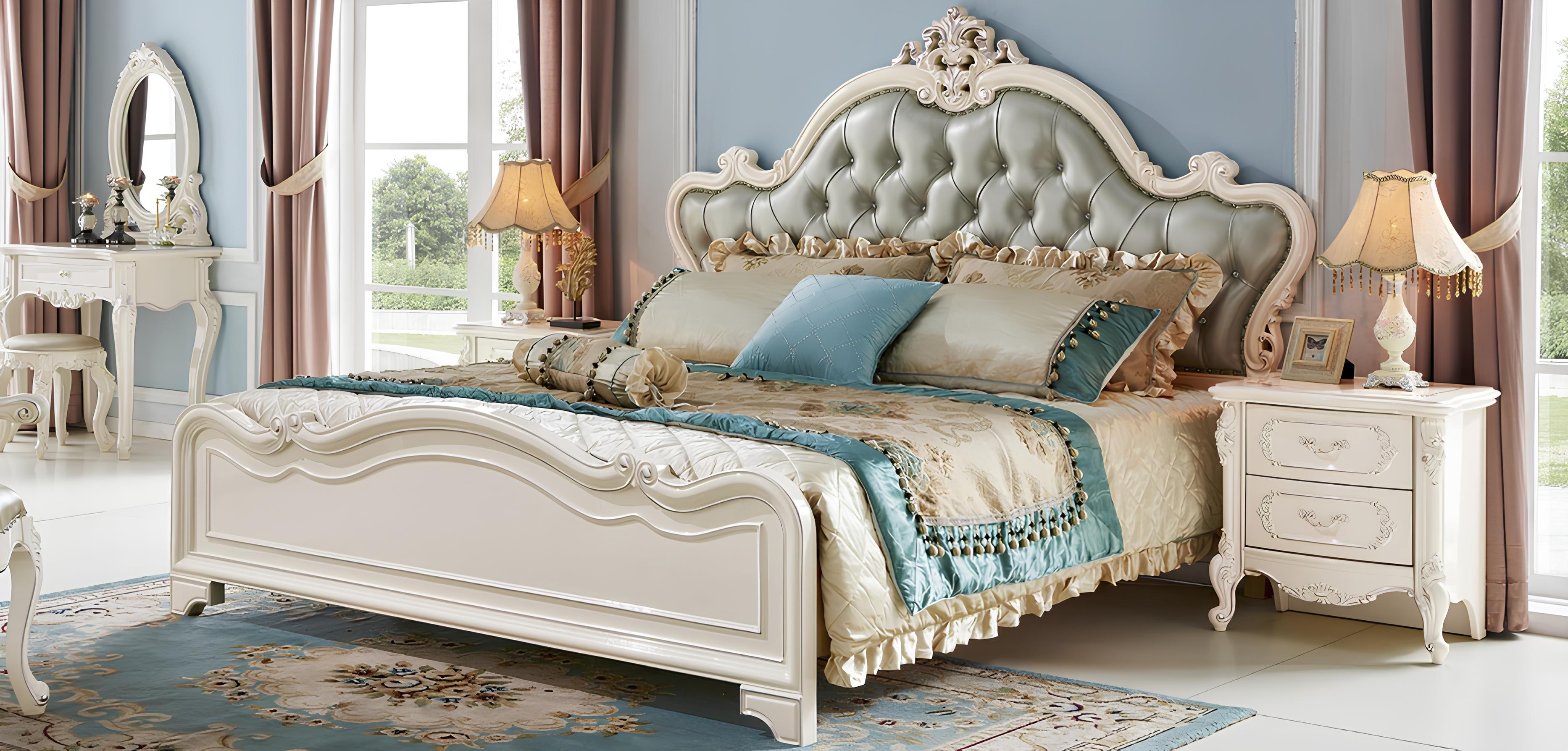Chesterfield Bett Echtholz Klassische Betten Doppel Leder Polster Schlafzimmer