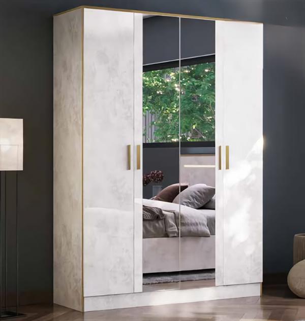 Kleiderschrank mit Spiegel Garderobenschrank Beige Gold Schlafzimmer