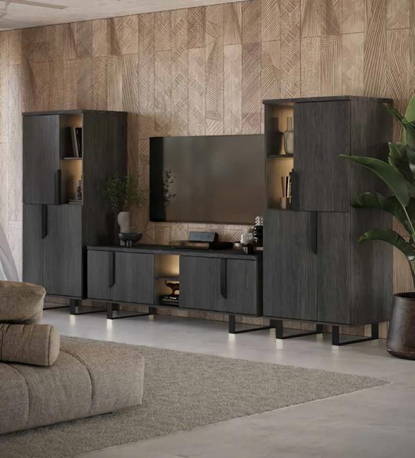 Schrank Wohnzimmer Schränke rtv Vitrine Set Braun Schwarze Wohnwand 3tlg.
