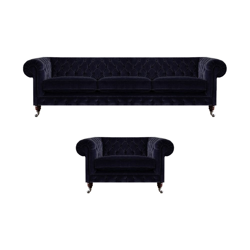 Luxuriöse Chesterfield Sofas Dunkelblauer Textil Dreisitzer Edler Sessel