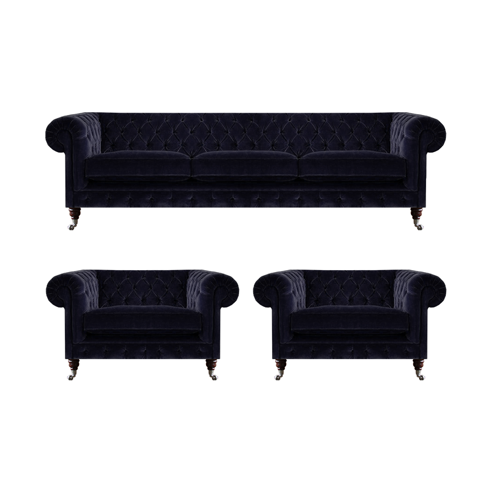 Blaue Chesterfield Couchgarnitur Designer 3-Sitzer 2x Polstersessel 3tlg