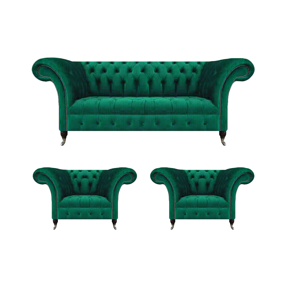 Wohnzimmer Set Komplett 3tlg Grün Sofagarnitur Textil Polstersofa Chesterfield