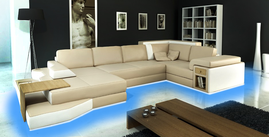 XXL Design Ecksofa Big Sofa mit USB Couch Wohlandschaft U Form Leder Textil Ecke