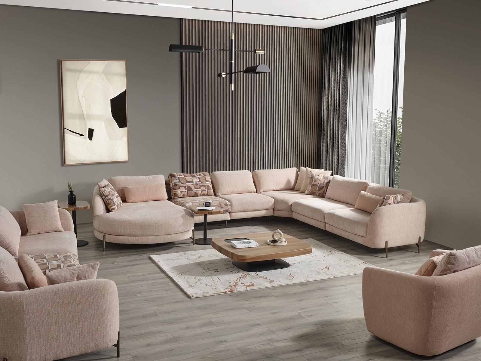 Wohnzimmer Set 6tlg Garnitur Ecksofa U-Form Holz Couchtisch Luxus Einrichtung