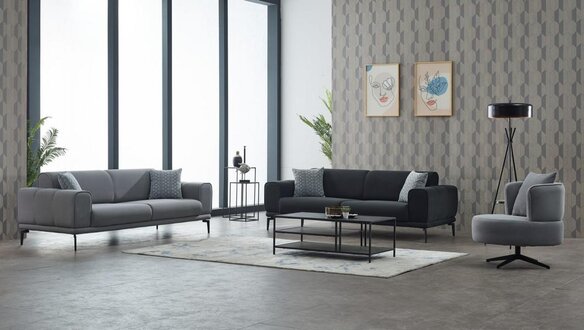 Komplette Couchgarnitur Polstersofa Dreisitzer Sessel Grau Stoffsofa