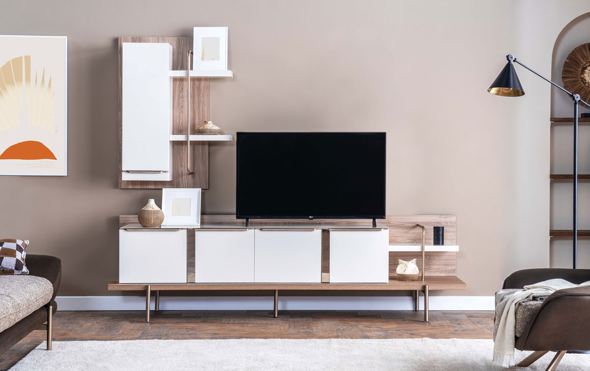 Stilvolles Weißes Hellbraunes Wohnzimmer Set RTV Regal Holz Lowboard
