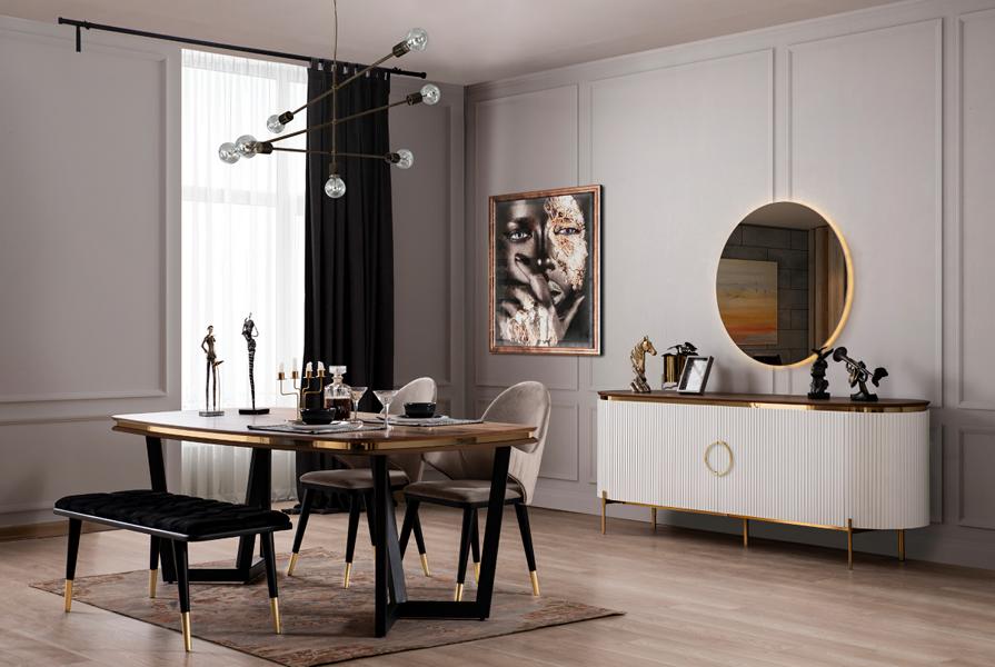 Elegant Essgruppe Braun Esstisch mit 2x Stühle Kommode mit Spiegel Hocker