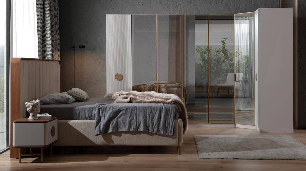 Modern Schlafzimmer Set Bett 2x Nachttische Eckkleiderschrank Schlafzimmer Neu
