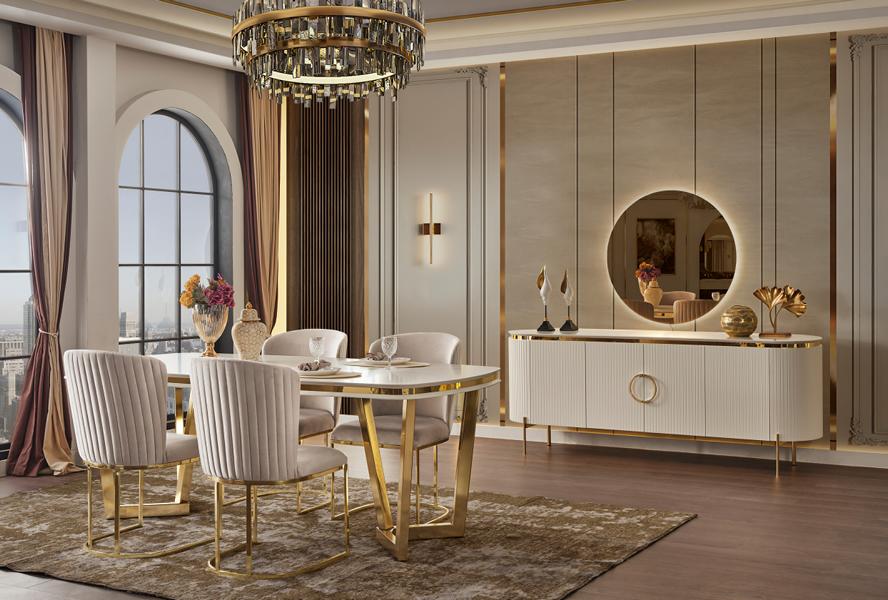 Anziehend Esstisch mit 4x Stühle Glänzend Kommode mit Spiegel Esszimmergarniture