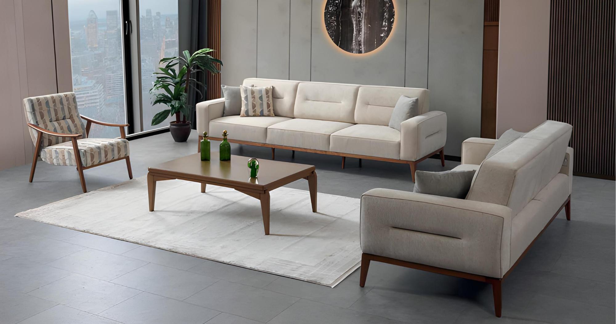Sofagarnitur Stoffsofa Beige 4+3+1 Sitzer Sofa Couch Schlafsofa Klappfunktion