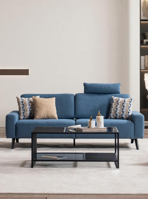 Modern Sofa 3 Sitzer Blau Polster Sofas Design Textil Wohnzimmer Dreisitzer