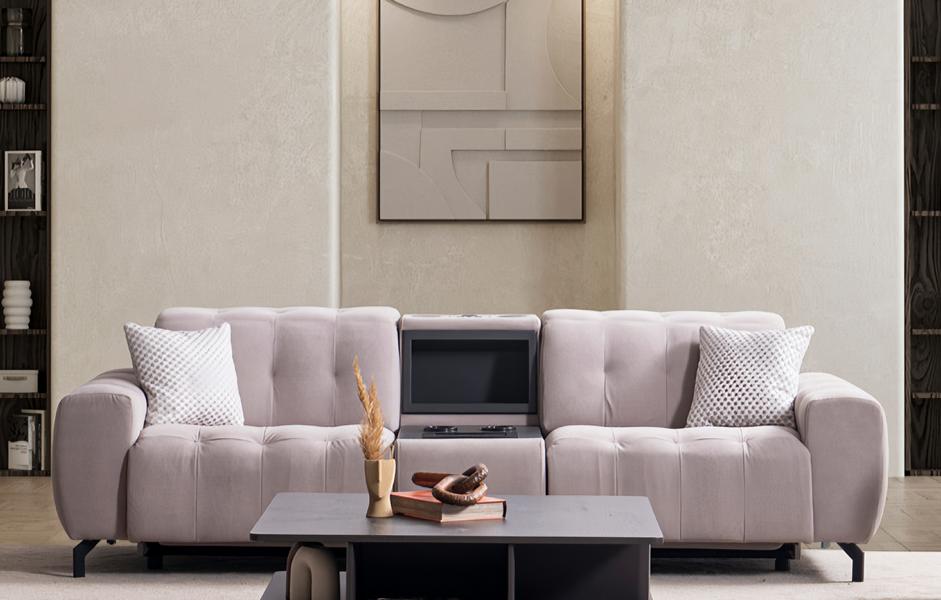 Sofa 3 Sitzer mit Konsole Design Polster Modern Textil Stoff Dreisitzer Couch