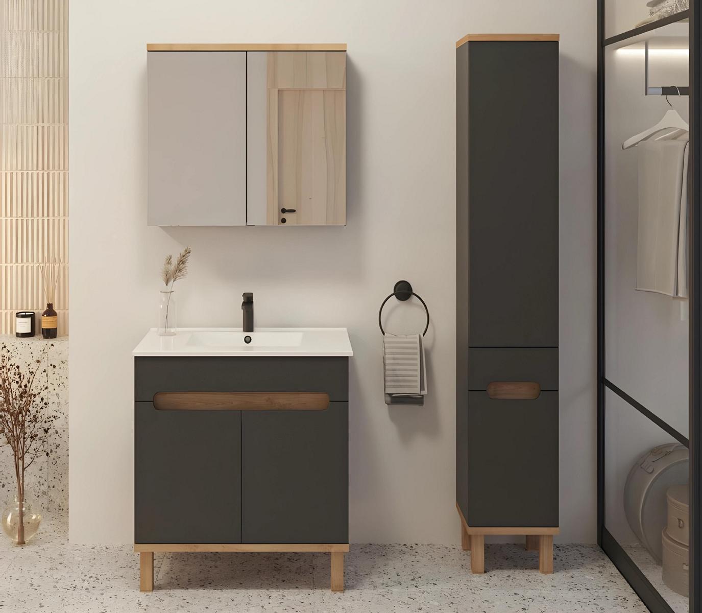 Badmöbel Set Badezimmer Waschbecken Design Komplett Wandschrank mit Spiegel 4tlg