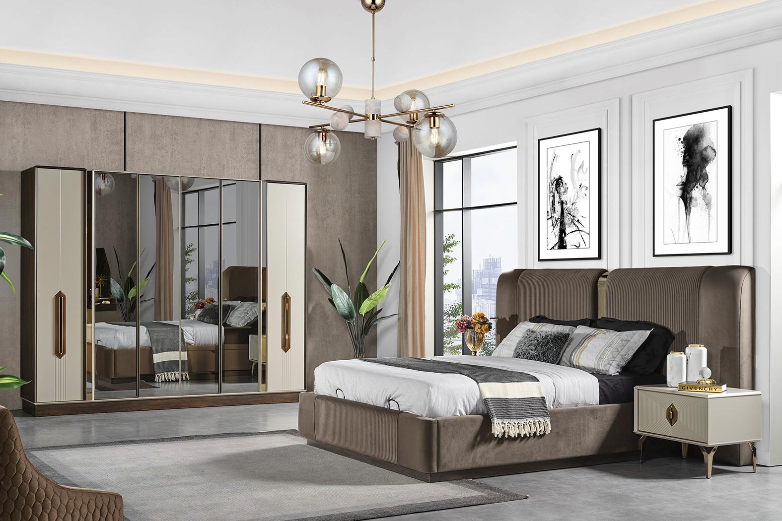 Luxus Braune Schlafzimmergarnitur Polster Bett 2x Nachttische Schrank