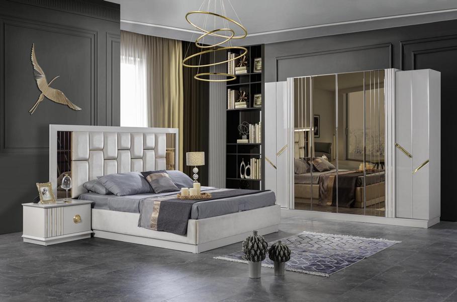 Designer Weiß Schlafzimmer Set Bett 2x Nachttische Kleiderschrank Luxuriös