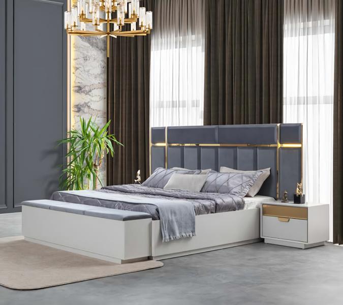 Schlafzimmer Komplett Polsterbett Bank Nachttische Edelstahl Weiß Blau 4tlg