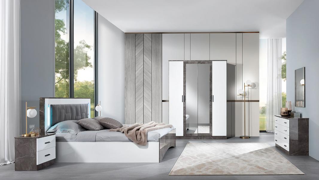 Schlafzimmer Set Bett + 2x Nachttische Kommode Kleiderschrank Luxus Nachtbereich