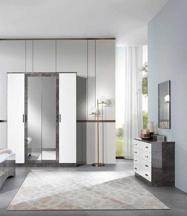 Schlafzimmer Set 3tlg Grau Holzmöbel Kommode + Spiegel Modern Kleiderschrank