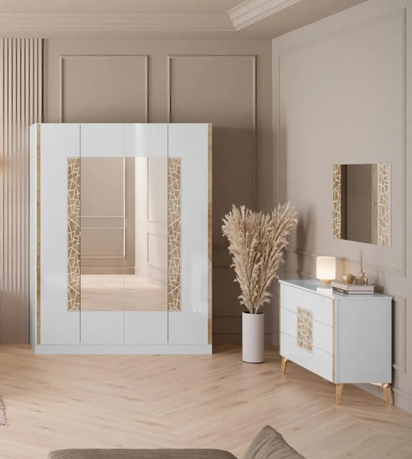 Luxus Schrank Schlafzimmer Kommode Spiegel Kleiderschrank Weiß Schränke Neu