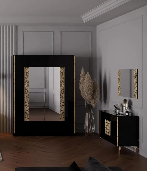 Schlafzimmer Set 3tlg Holzmöbel Kommode + Spiegel Modern Kleiderschrank Neu