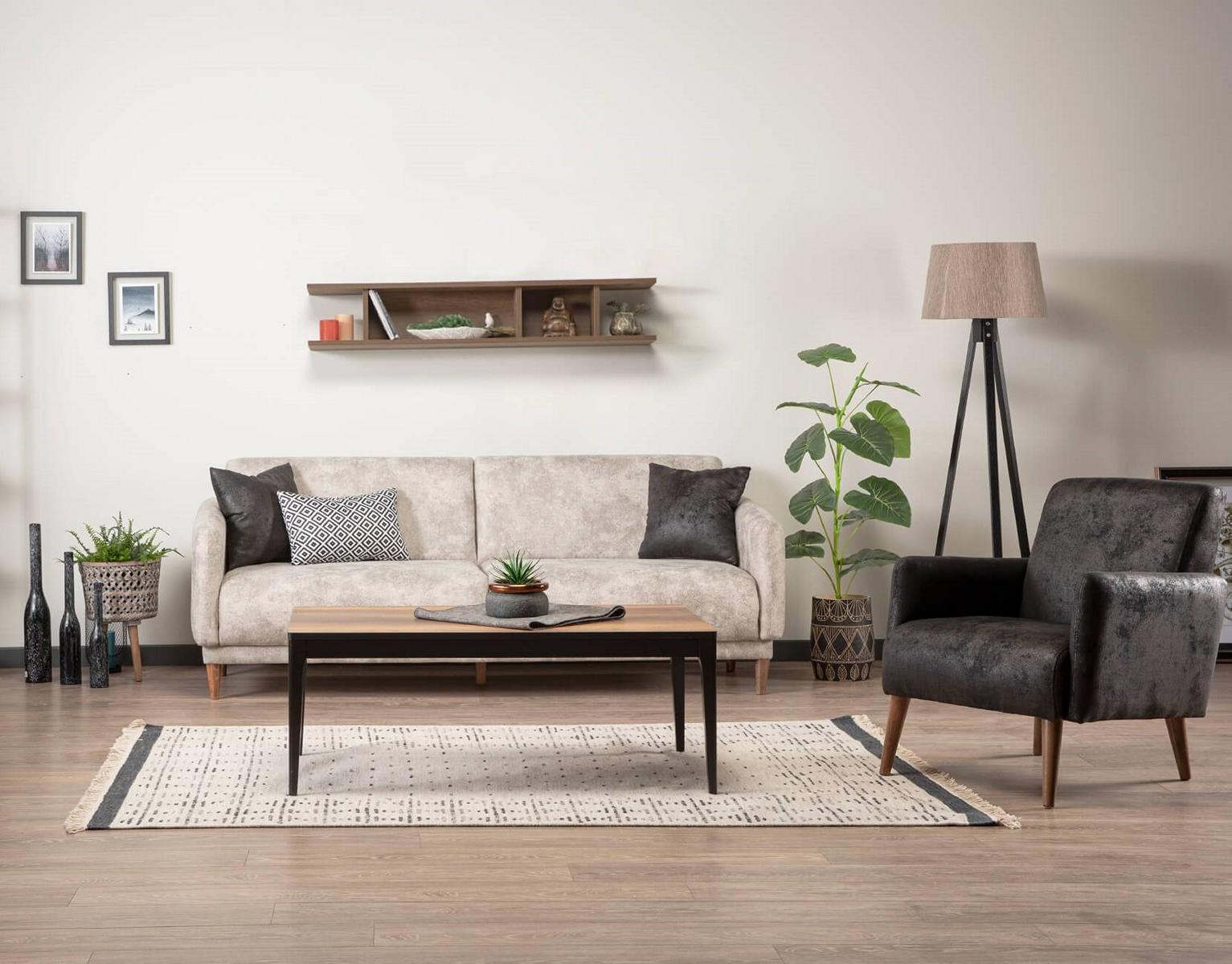 Sofa 3 Sitzer Sessel Couchtisch Wandregal Sofagarnitur Wohnzimmer Set