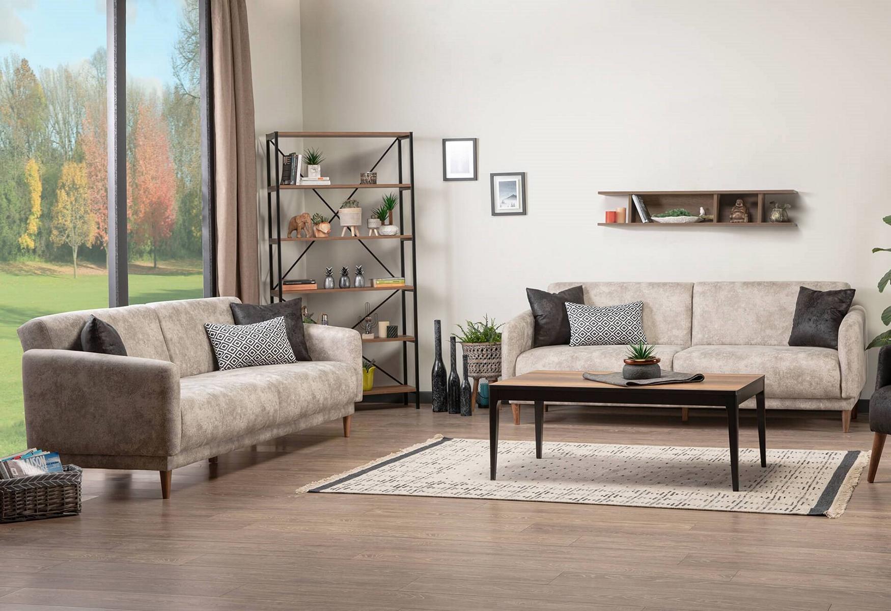 Sofas 3 Sitzer Couchtisch Wandregal Wohnzimmer Set Sofaset Beige 4tlg