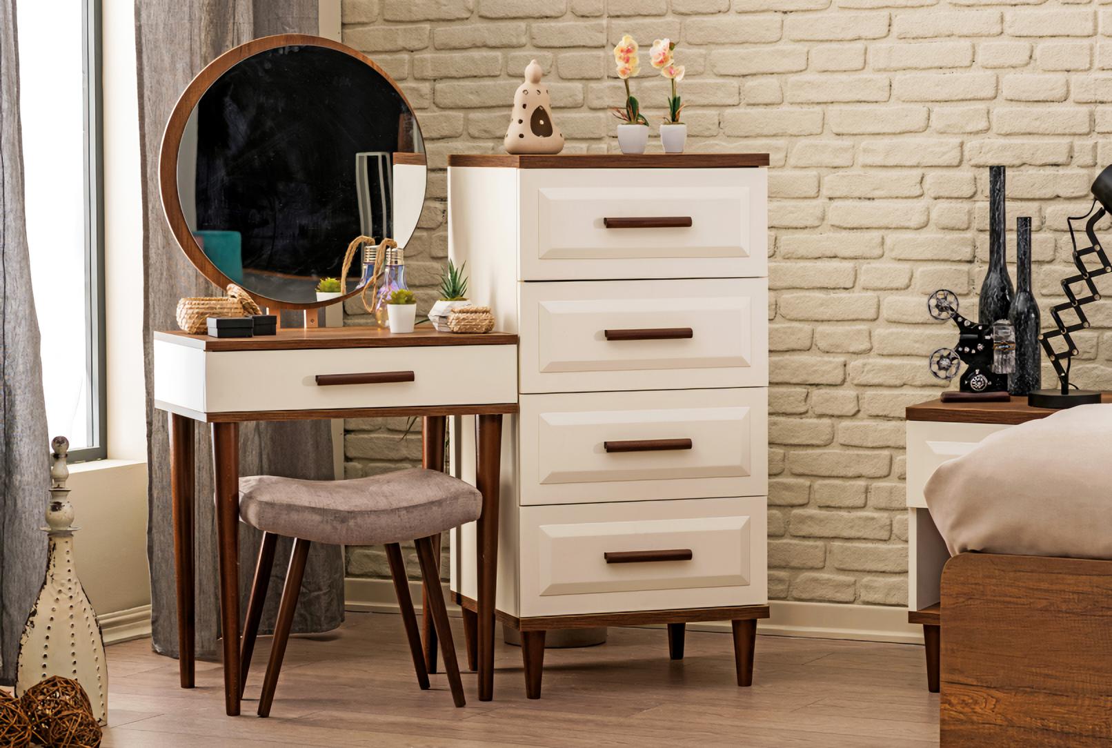 Komplett Schlafzimmer 4tlg Schminktisch mit Spiegel Design Kommode Sitzhocker