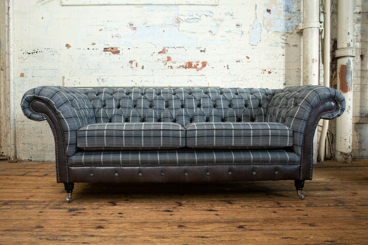 Chesterfield Sofa Dreisitzer Polster Design Couchen Sofas Garnitur Grau Webstoff