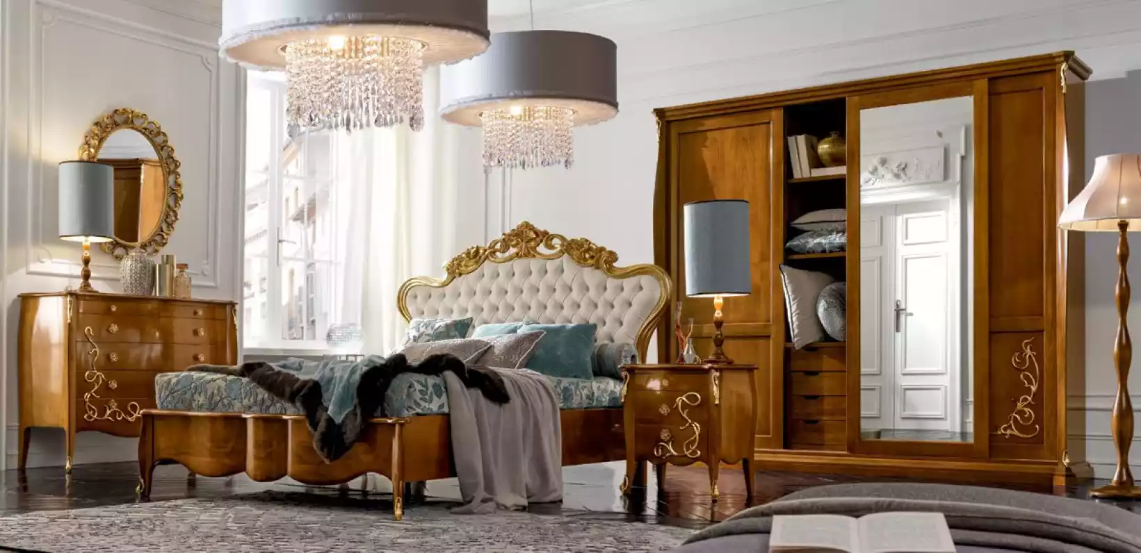 Designer Schlafzimmer Set Bett 2x Nachttische Kleiderschrank Set 6 tlg.
