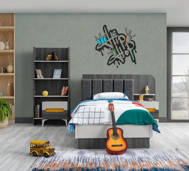 Kinderzimmer Kinderbett Bett Nachttisch Buecherregal Holz Möbel Grau Set