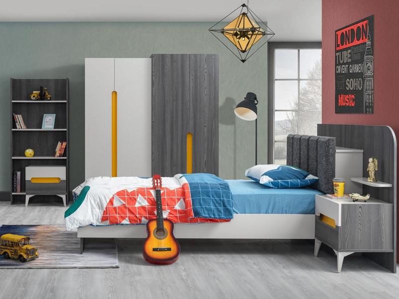 Grau Kinderzimmer Set Kinderbett Nachttisch Kommode Kleiderschrank Buecherregal