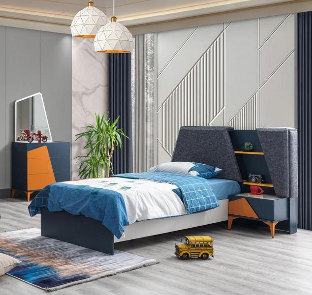 Jugendzimmer Set Blau Bett Nachttisch Kommode Kinder Top-Qualität Möbel Modern