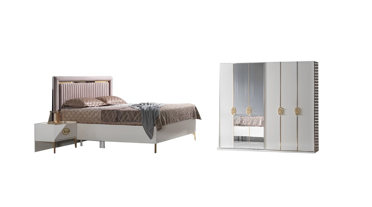 Schlafzimmer Set Bett + 2x Nachttische + Kleiderschrank Luxus Moderne Möbel 4tlg