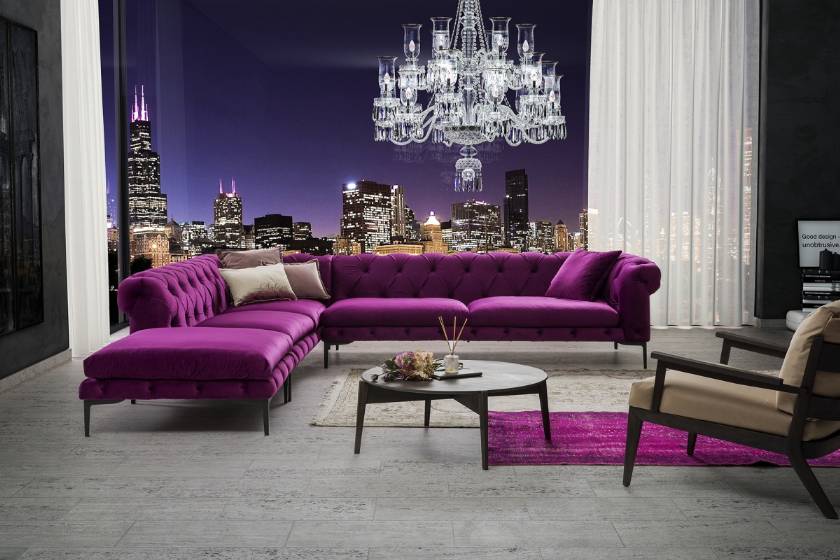 Lila Luxus Chesterfield Couch Eck Sofa Polster Sitz Garnitur Textil Stoff Sofas