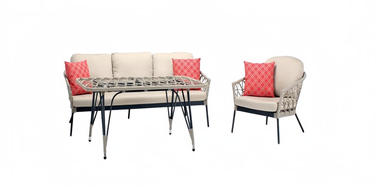 Sofagarnitur Beige Rattan Luxuriöse Sofa 3 Sitzer Moderner Sessel Couchtisch