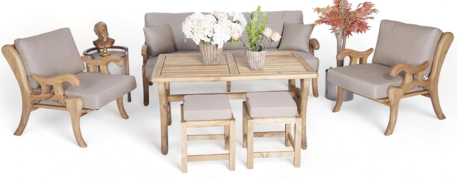 Garten Möbel Sofagarnitur 3+1+1 Sitzer Terrasse Stilvolle Esstisch Holzhocker