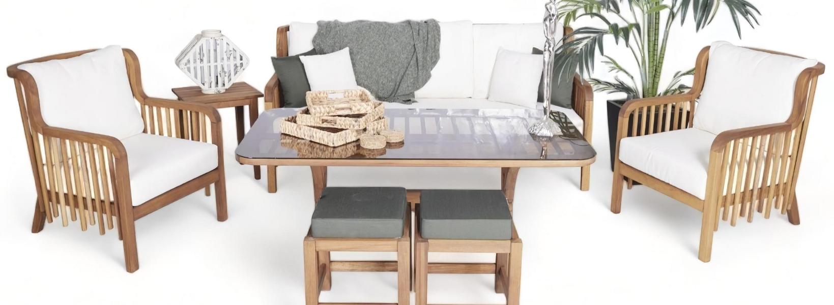 Moderner Gartenmöbel 6tlg Sofagarnitur 3+1+1 Sitzer 2x Hocker Holz Esstisch