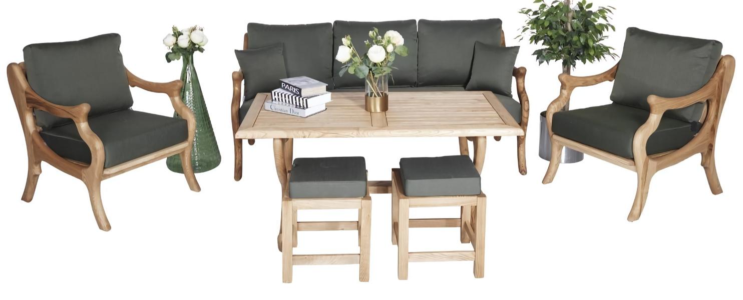 Holz Gartenmöbel Grau Textil Sofagarnitur 3+1+1 Sitzer Esstisch Terrasse Möbel