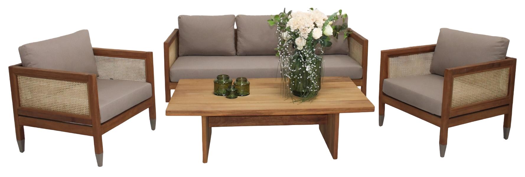 Designer Stilvoller Sofa Set 3+1+1 Sitzer Holz Couchtisch Gartenmöbel Komplett