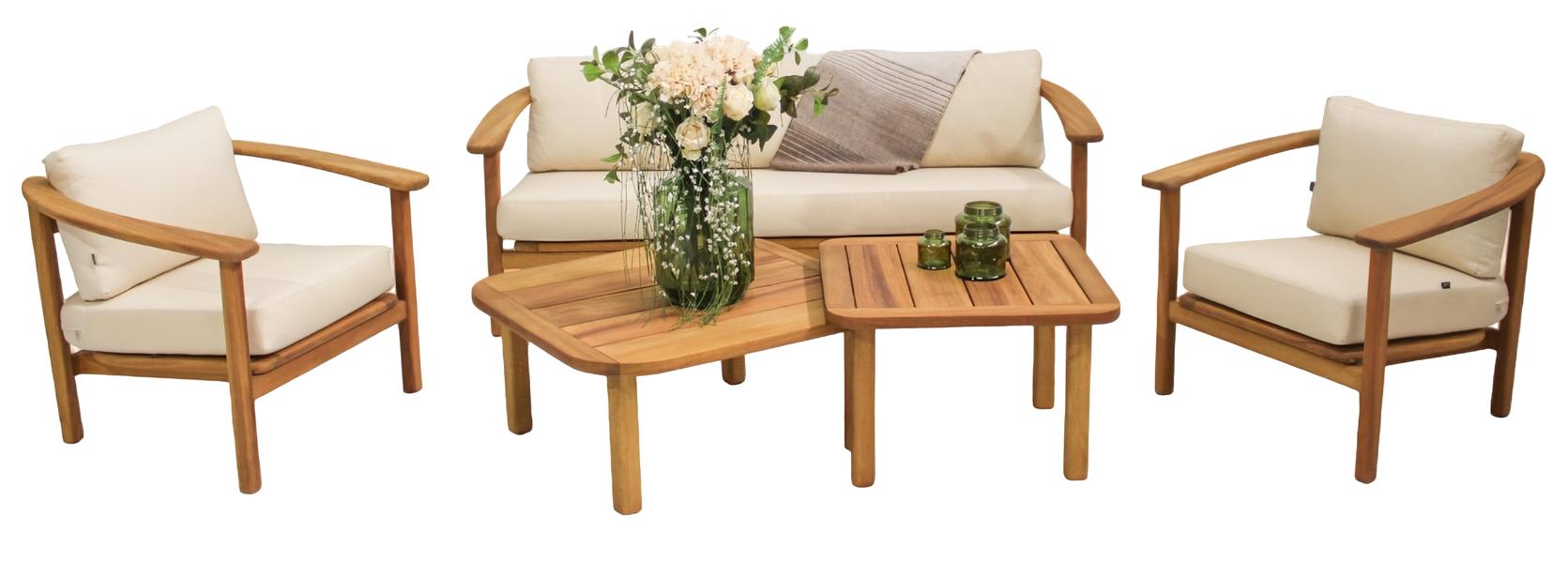 Luxuriöse Gartenmöbel Set 3+1+1 Sitzer Stilvoller Holz Komplett 2x Couchtische